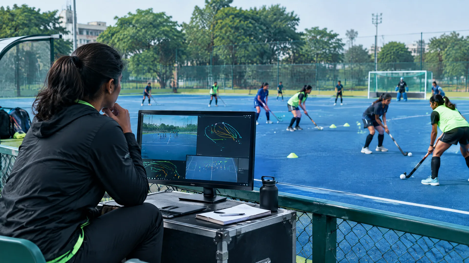 Field-hockey coach reviews movement analysis while players train on an outdoor pitch