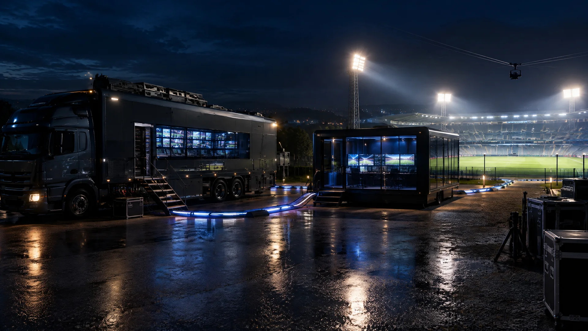 Unbranded football broadcast truck and studio connected to a stadium at night.