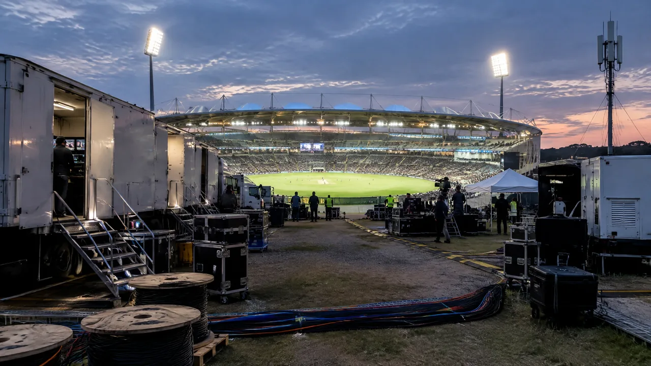 Temporary broadcast equipment and fibre cabling outside a stadium at night.